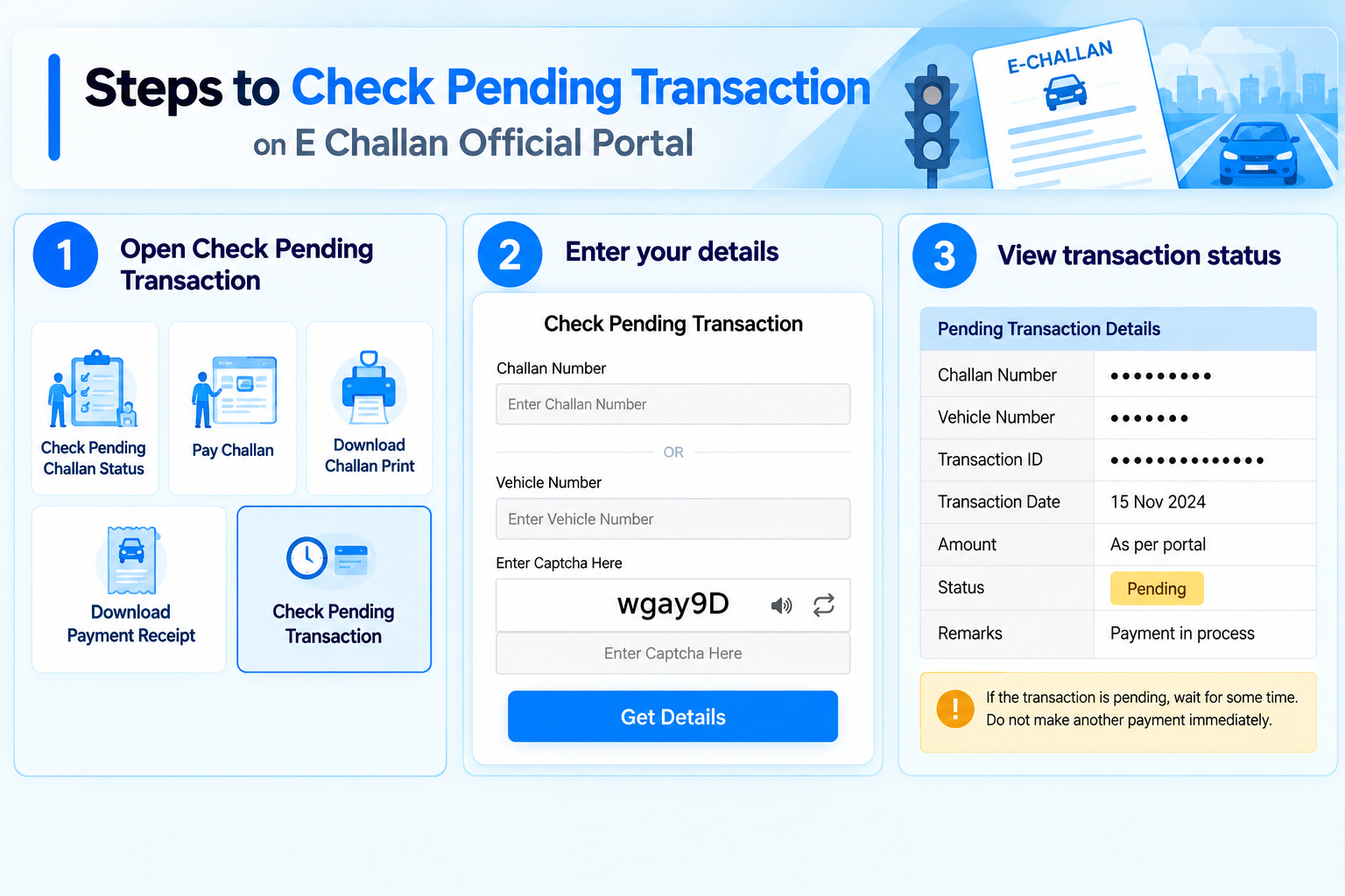 Check Pending Transaction form on the e-Challan portal asking for challan number or vehicle number and captcha