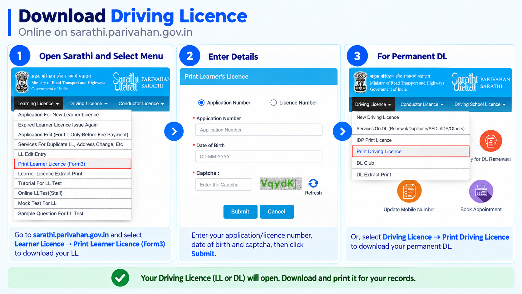 Print Learner's Licence form on Sarathi