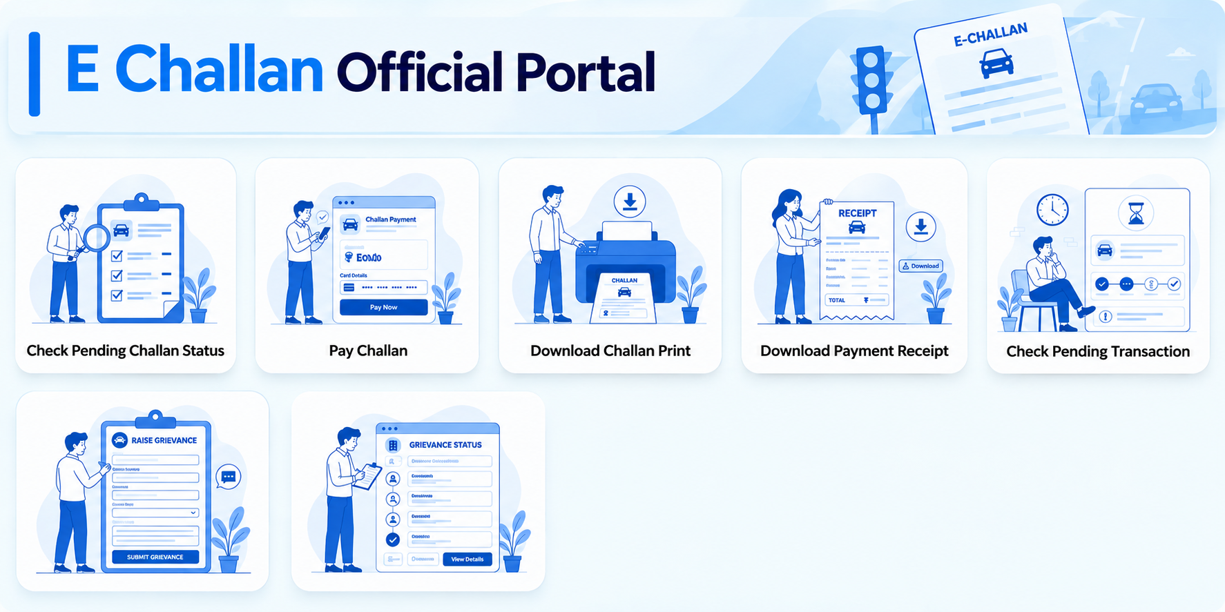 e-Challan portal home screen showing Check Pending Challan Status, Pay Challan, Download Challan Print, Download Payment Receipt, Check Pending Transaction, Raise Grievance and Check Grievance Status