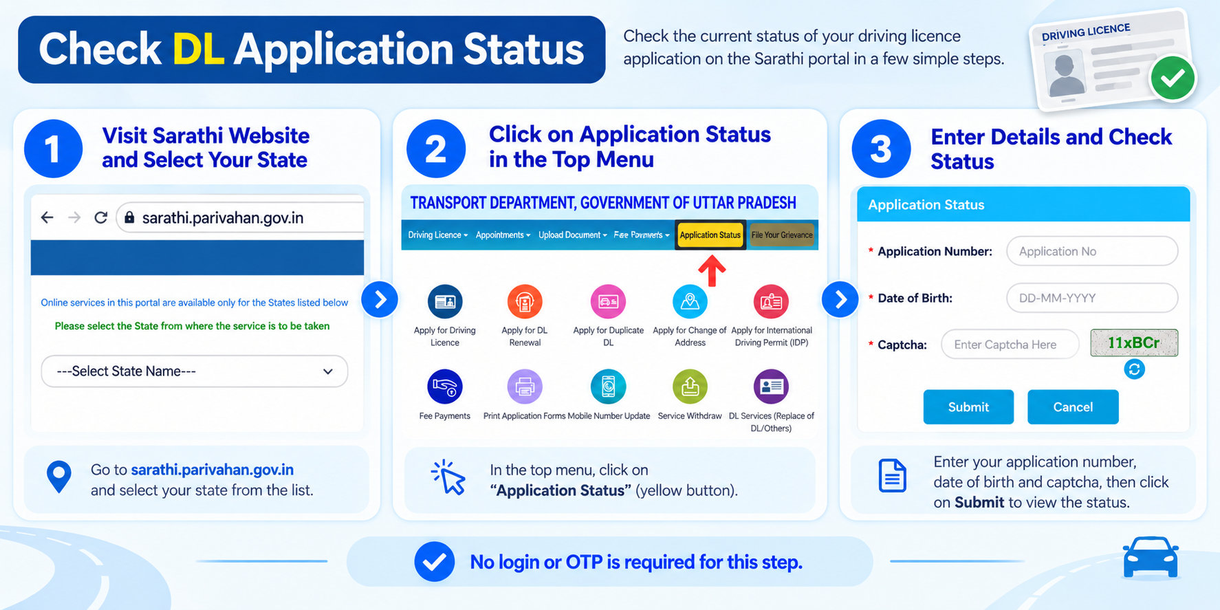 Sarathi portal driving licence application status result screen