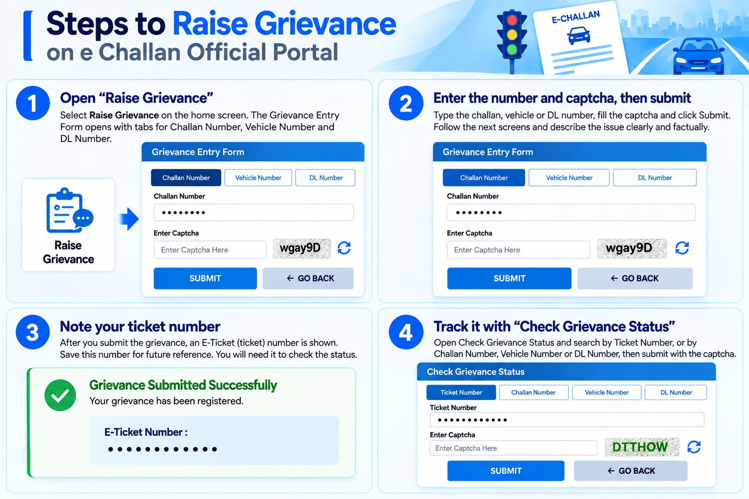 Grievance Entry Form on the e-Challan portal with Challan Number, Vehicle Number and DL Number tabs