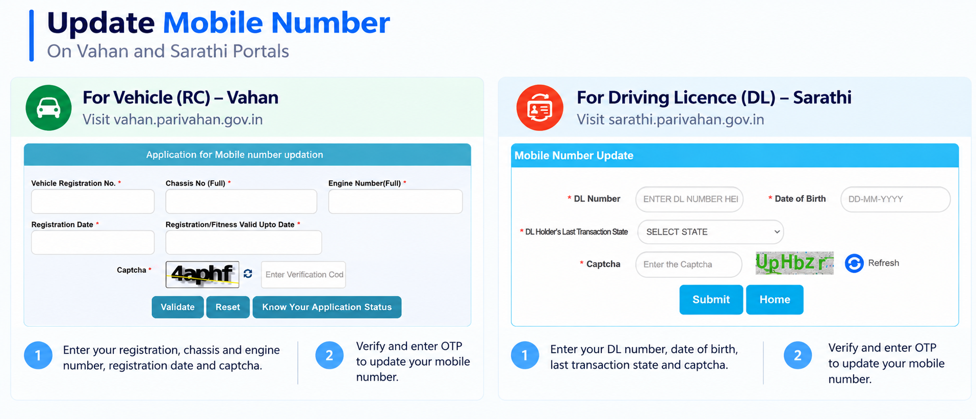 Sarathi portal popup with Scan Or Click links to update mobile number on Vahan and Sarathi